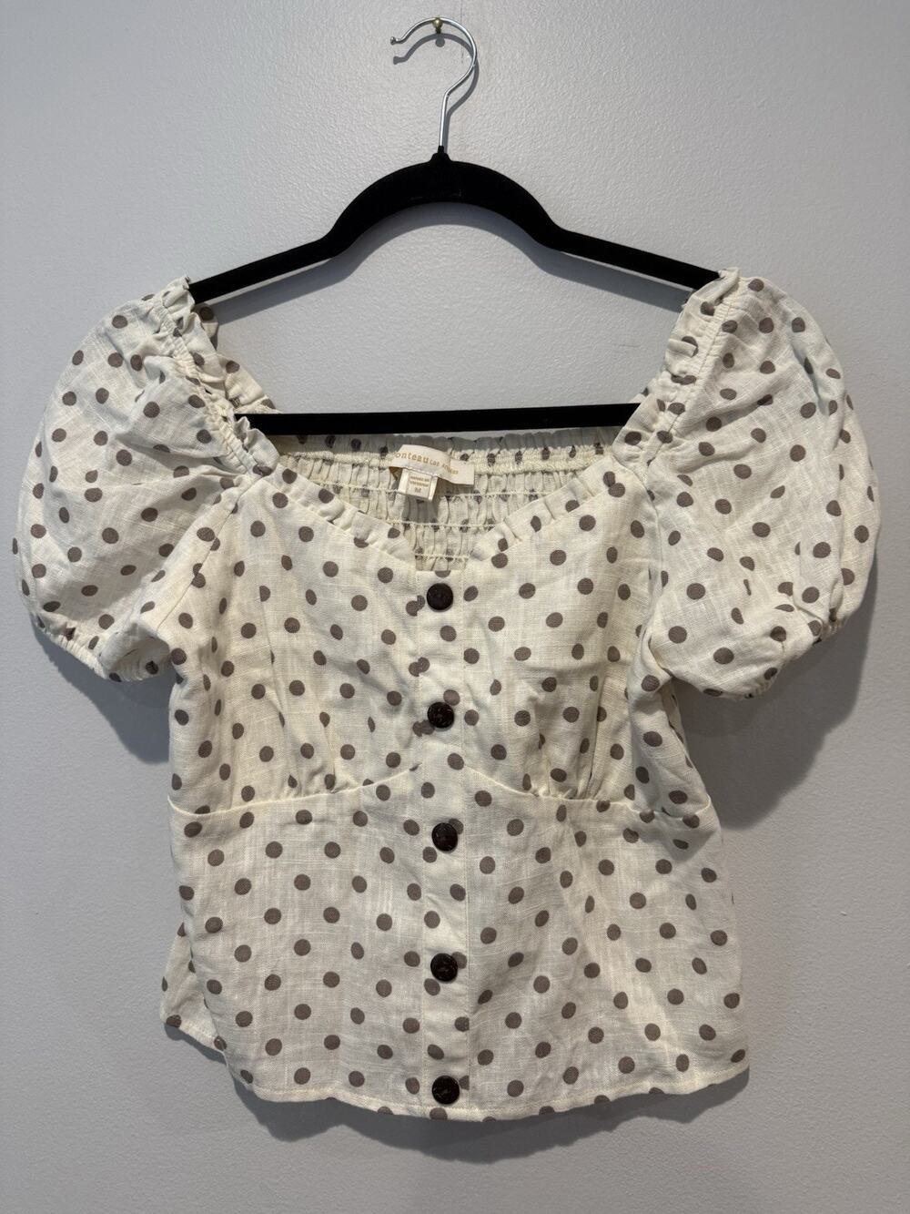Monteau LA Women’s Beige Polka Dot Smocked Puff Sleeve Crop Blouse Top M Boho